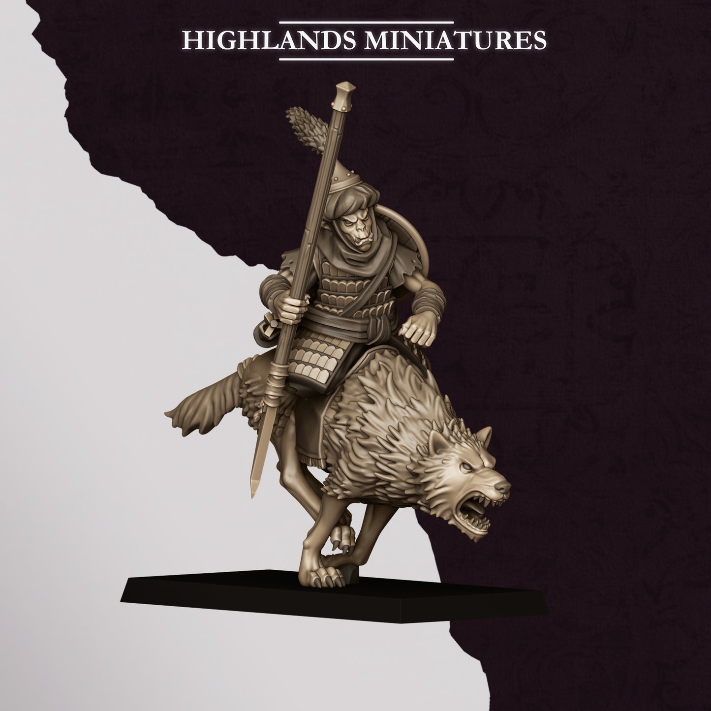 Miniature figure of a warrior on a wolf with 'Highlands Miniatures' branding.