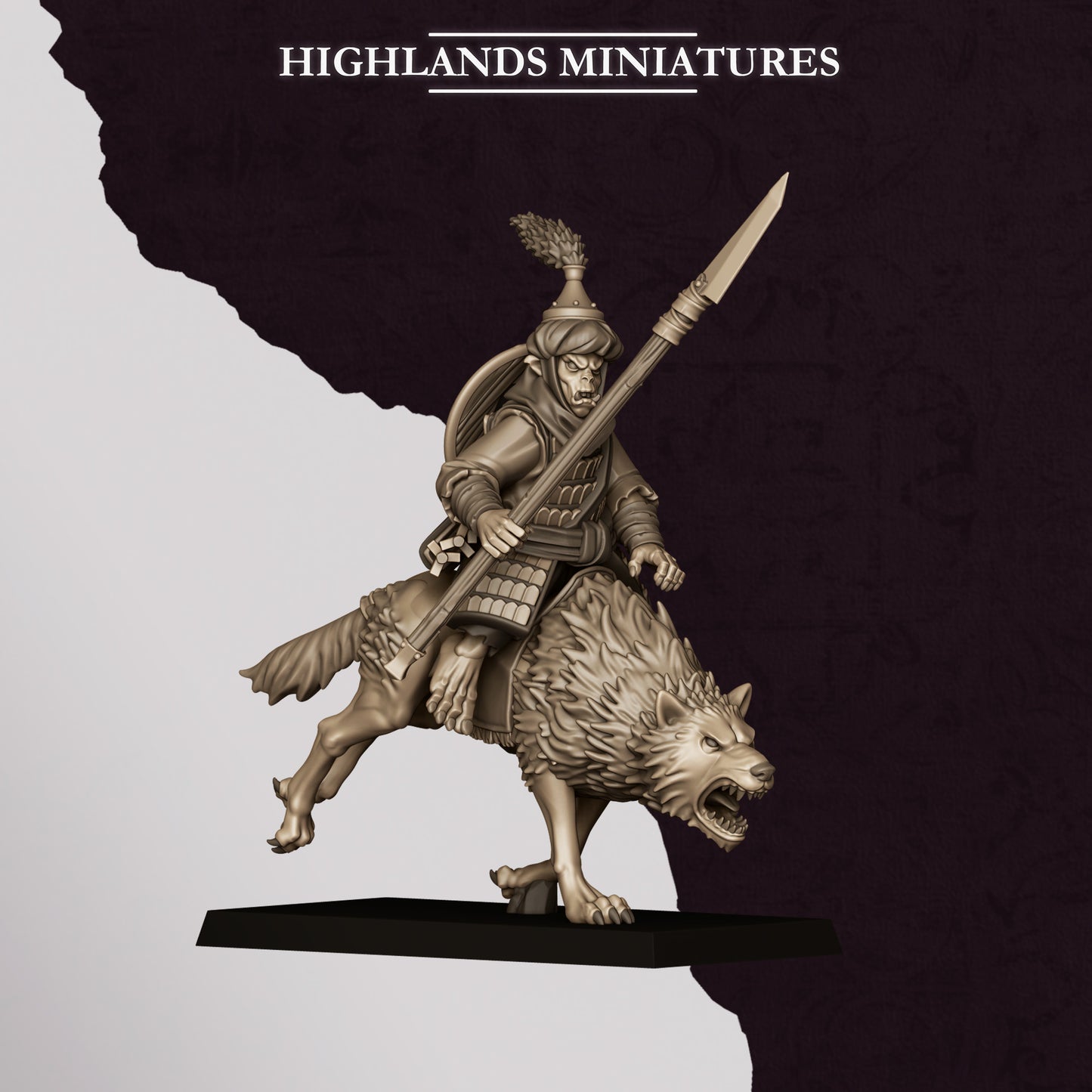 Miniature figure of a warrior on a wolf with 'Highlands Miniatures' branding.