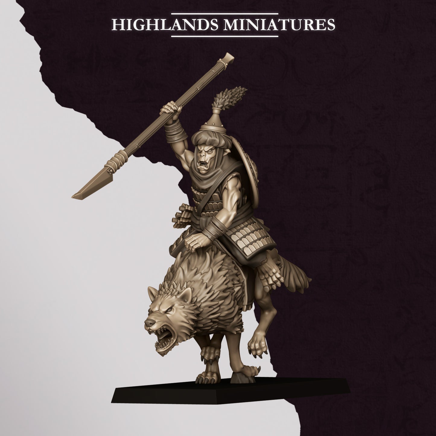 Miniature figure of a warrior on a wolf with 'Highlands Miniatures' branding.