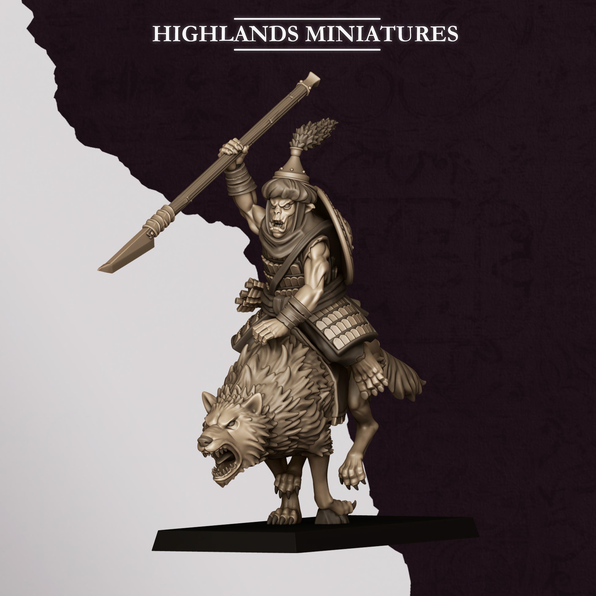 Miniature figure of a warrior on a wolf with 'Highlands Miniatures' branding.